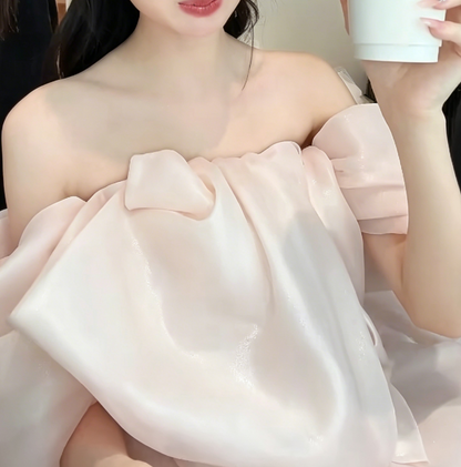 Ethereal Off-Shoulder Pink Prom Dress Satin A-Line Tiered Evening Dress GG6220