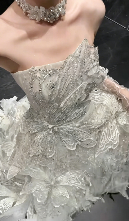 Exquisite Strapless Beaded Butterflies Wedding Dress Sequins A-Line Bridal Dress GG6223
