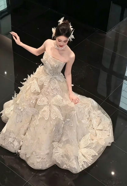 Exquisite Strapless Beaded Butterflies Wedding Dress Sequins A-Line Bridal Dress GG6223