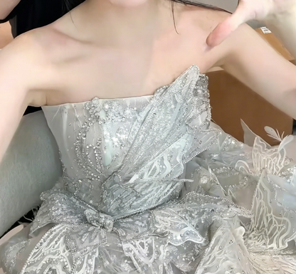 Exquisite Strapless Beaded Butterflies Wedding Dress Sequins A-Line Bridal Dress GG6223