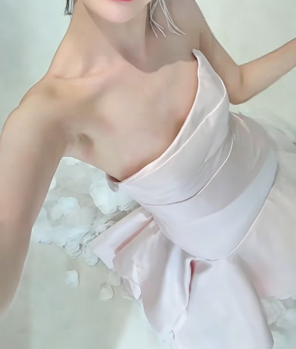 Glam Strapless Satin Pink Wedding Dress Handmade Flowers Mermaid Tulle Bridal Dress GG6224