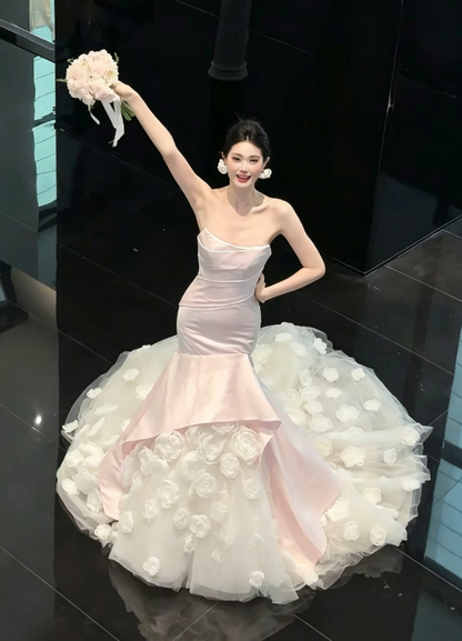 Glam Strapless Satin Pink Wedding Dress Handmade Flowers Mermaid Tulle Bridal Dress GG6224
