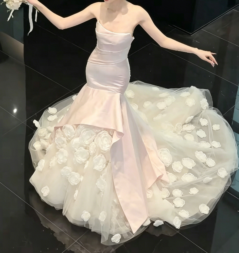 Glam Strapless Satin Pink Wedding Dress Handmade Flowers Mermaid Tulle Bridal Dress GG6224
