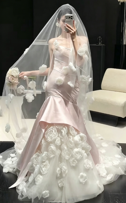 Glam Strapless Satin Pink Wedding Dress Handmade Flowers Mermaid Tulle Bridal Dress GG6224