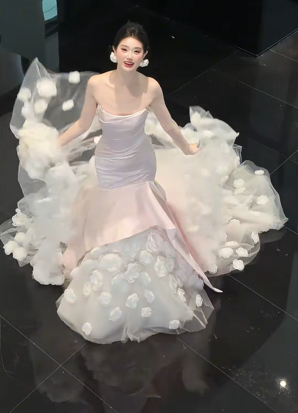 Glam Strapless Satin Pink Wedding Dress Handmade Flowers Mermaid Tulle Bridal Dress GG6224