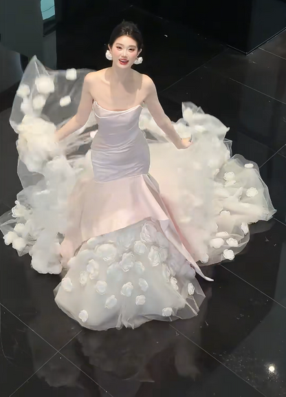 Glam Strapless Satin Pink Wedding Dress Handmade Flowers Mermaid Tulle Bridal Dress GG6224