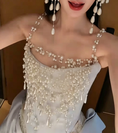 Unique Off-Shoulder Beaded Wedding Dress Blue Satin Lace Mermaid Tulle Bridal Dress GG6225