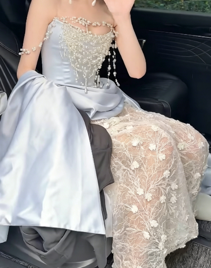 Unique Off-Shoulder Beaded Wedding Dress Blue Satin Lace Mermaid Tulle Bridal Dress GG6225