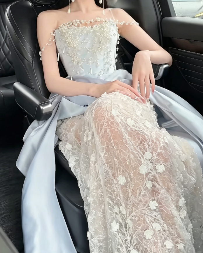 Unique Off-Shoulder Beaded Wedding Dress Blue Satin Lace Mermaid Tulle Bridal Dress GG6225