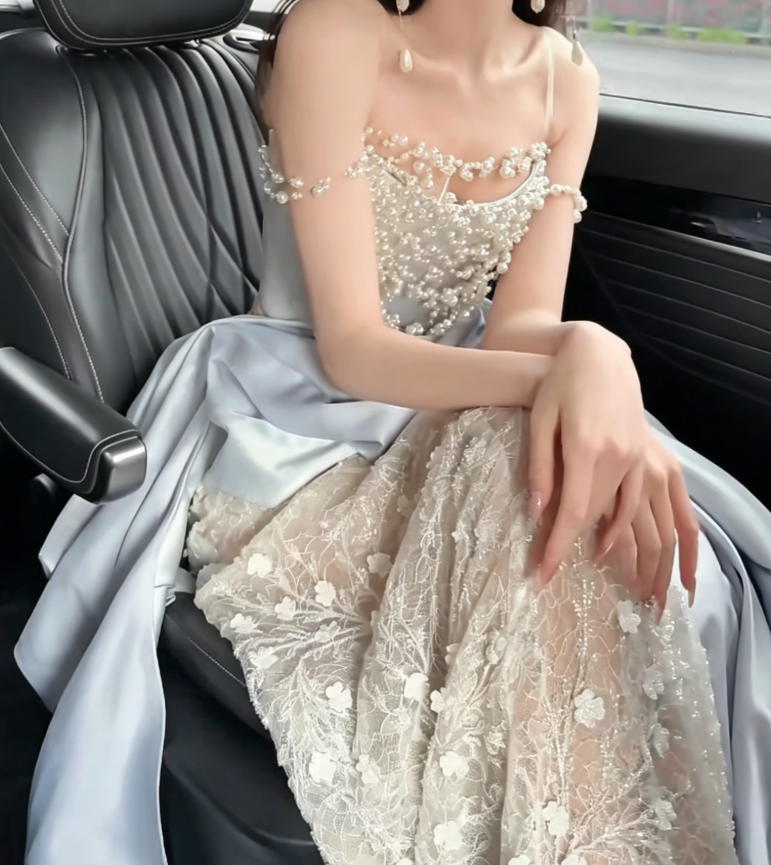 Unique Off-Shoulder Beaded Wedding Dress Blue Satin Lace Mermaid Tulle Bridal Dress GG6225