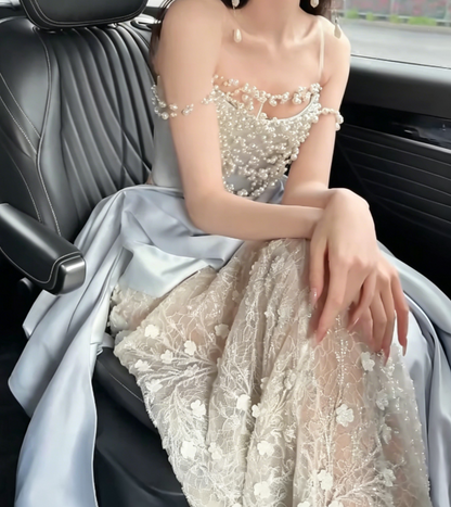 Unique Off-Shoulder Beaded Wedding Dress Blue Satin Lace Mermaid Tulle Bridal Dress GG6225