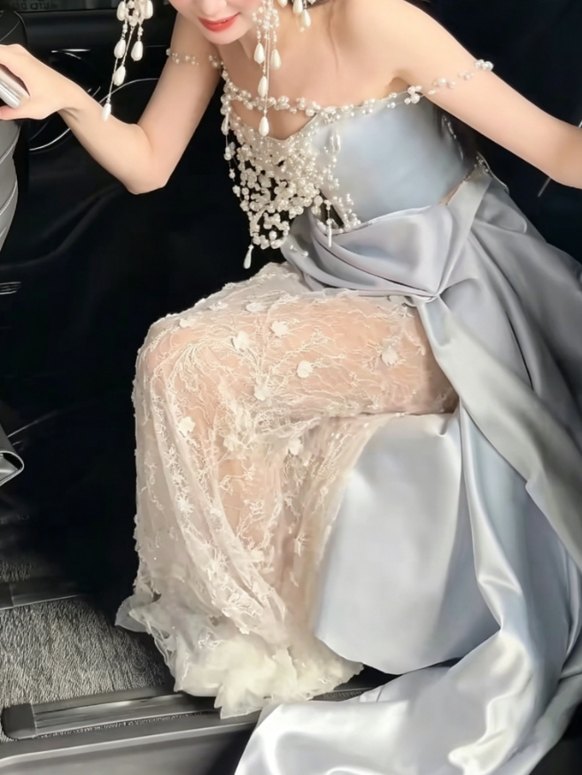 Unique Off-Shoulder Beaded Wedding Dress Blue Satin Lace Mermaid Tulle Bridal Dress GG6225