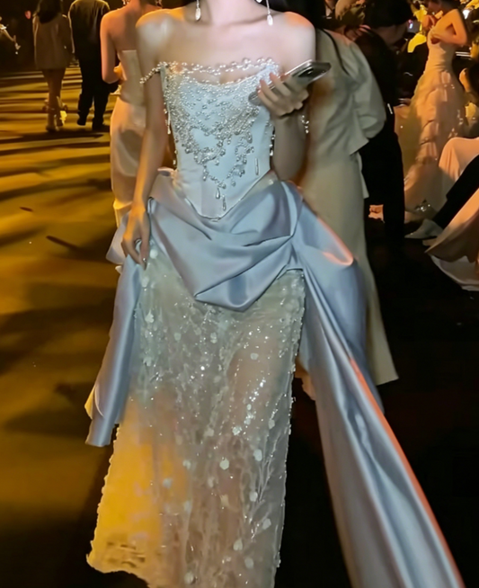 Unique Off-Shoulder Beaded Wedding Dress Blue Satin Lace Mermaid Tulle Bridal Dress GG6225
