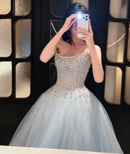 Luxury Strapless Blue Prom Dress Sequins Tulle Beaded A-Line Evening Dress GG6226