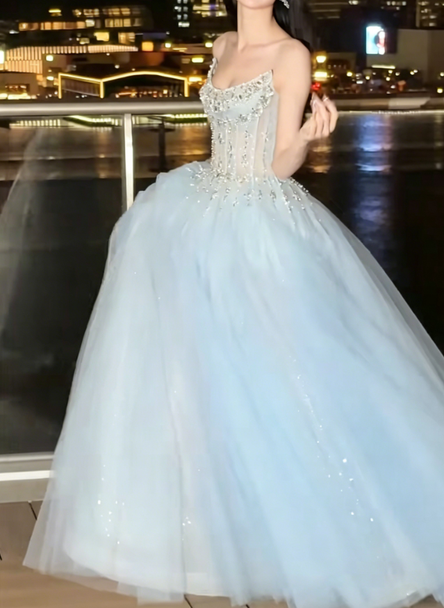 Luxury Strapless Blue Prom Dress Sequins Tulle Beaded A-Line Evening Dress GG6226