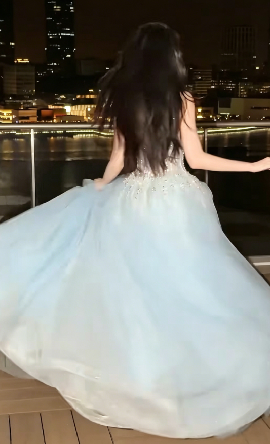 Luxury Strapless Blue Prom Dress Sequins Tulle Beaded A-Line Evening Dress GG6226