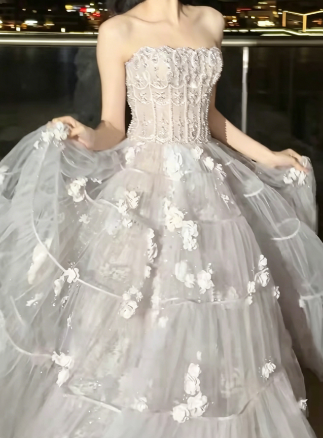 Alluring Strapless Pastel Pink Prom Dress Sequins Appliques Tulle A-Line Evening Dress GG6228