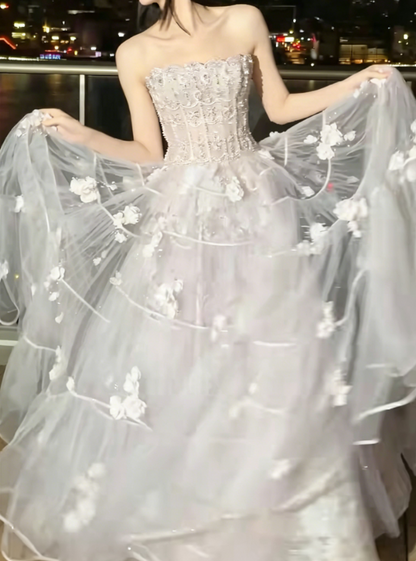 Alluring Strapless Pastel Pink Prom Dress Sequins Appliques Tulle A-Line Evening Dress GG6228