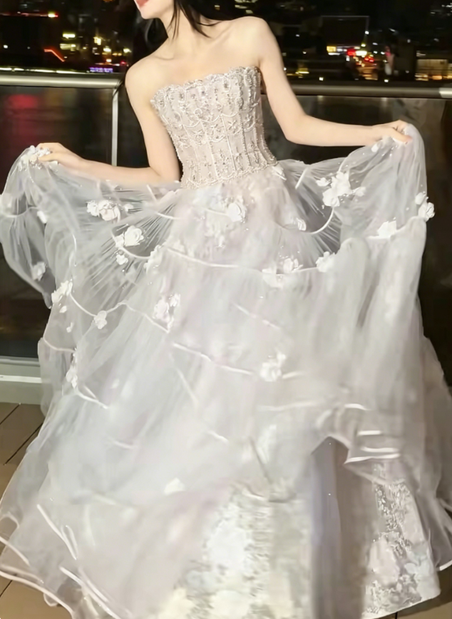 Alluring Strapless Pastel Pink Prom Dress Sequins Appliques Tulle A-Line Evening Dress GG6228