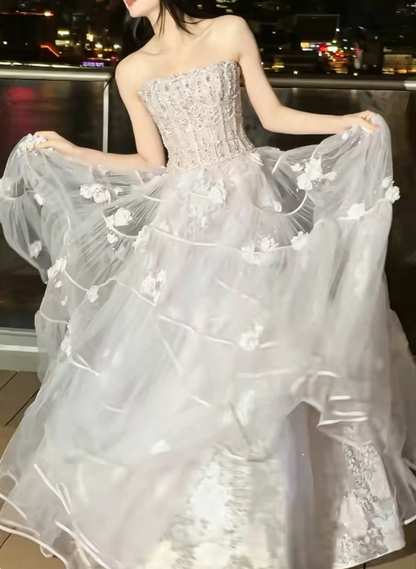 Alluring Strapless Pastel Pink Prom Dress Sequins Appliques Tulle A-Line Evening Dress GG6228