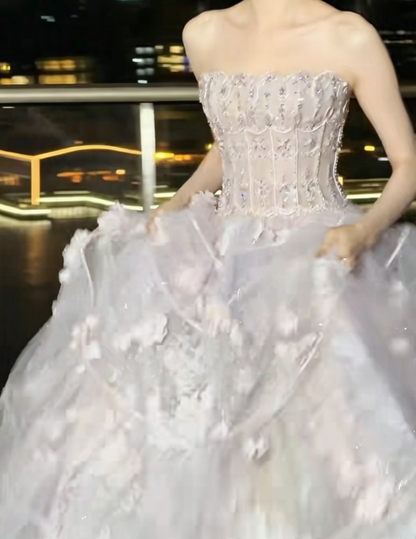 Alluring Strapless Pastel Pink Prom Dress Sequins Appliques Tulle A-Line Evening Dress GG6228
