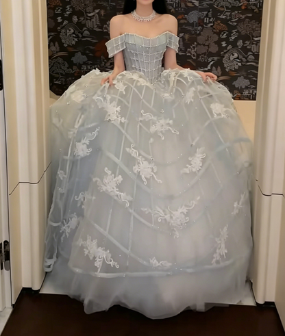 Exquisite Off-Shoulder Pastel Blue Wedding Dress Beading Appliques Tulle Bridal Dress GG6229