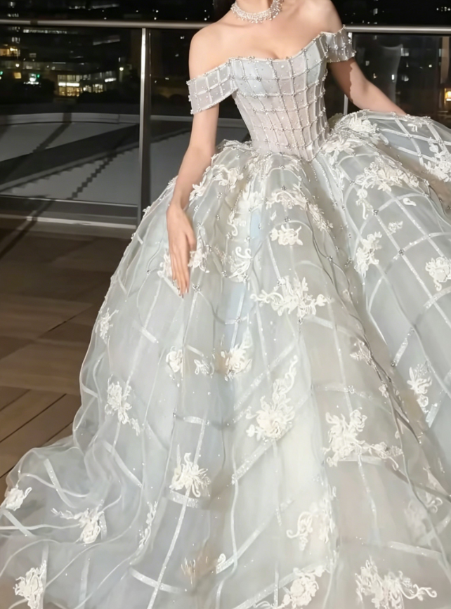 Exquisite Off-Shoulder Pastel Blue Wedding Dress Beading Appliques Tulle Bridal Dress GG6229