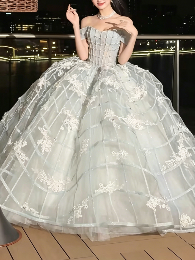 Exquisite Off-Shoulder Pastel Blue Wedding Dress Beading Appliques Tulle Bridal Dress GG6229