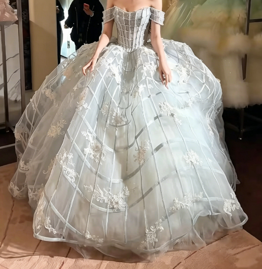 Exquisite Off-Shoulder Pastel Blue Wedding Dress Beading Appliques Tulle Bridal Dress GG6229
