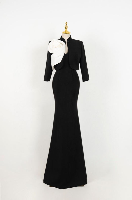 Chinese Mermaid Black V Neck Dress With Chinese Short Jacket Long Prom Dress,Evening Dress GG623