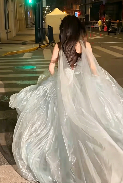 Gorgeous Strapless Blue Prom Dress With Scarf Sequins Tulle A-Line Evening Dress GG6232