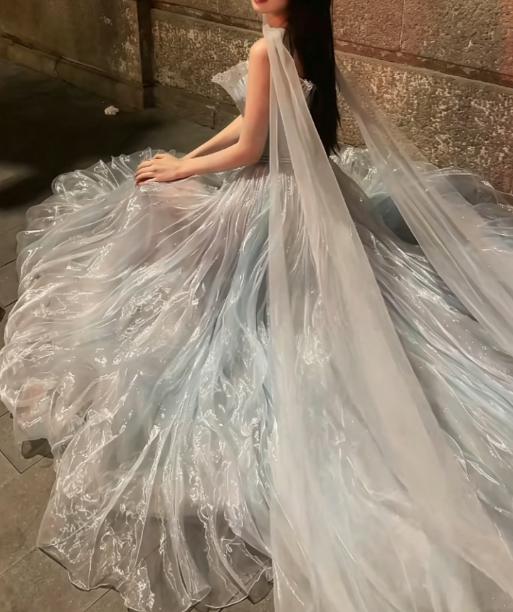 Gorgeous Strapless Blue Prom Dress With Scarf Sequins Tulle A-Line Evening Dress GG6232
