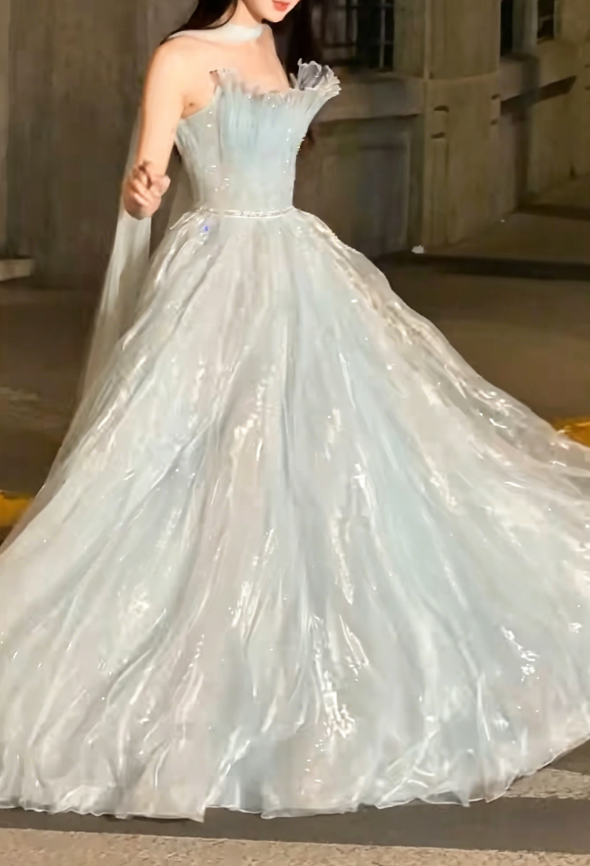 Gorgeous Strapless Blue Prom Dress With Scarf Sequins Tulle A-Line Evening Dress GG6232