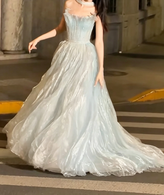 Gorgeous Strapless Blue Prom Dress With Scarf Sequins Tulle A-Line Evening Dress GG6232