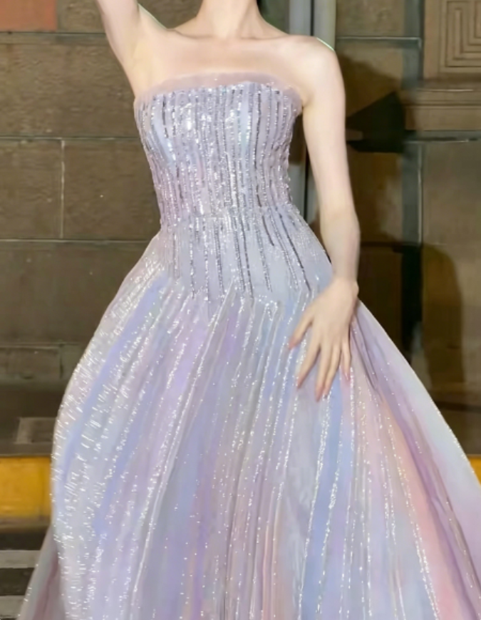 Elegant Strapless Light Purple Prom Dress Beading A-Line Evening Dress GG6233