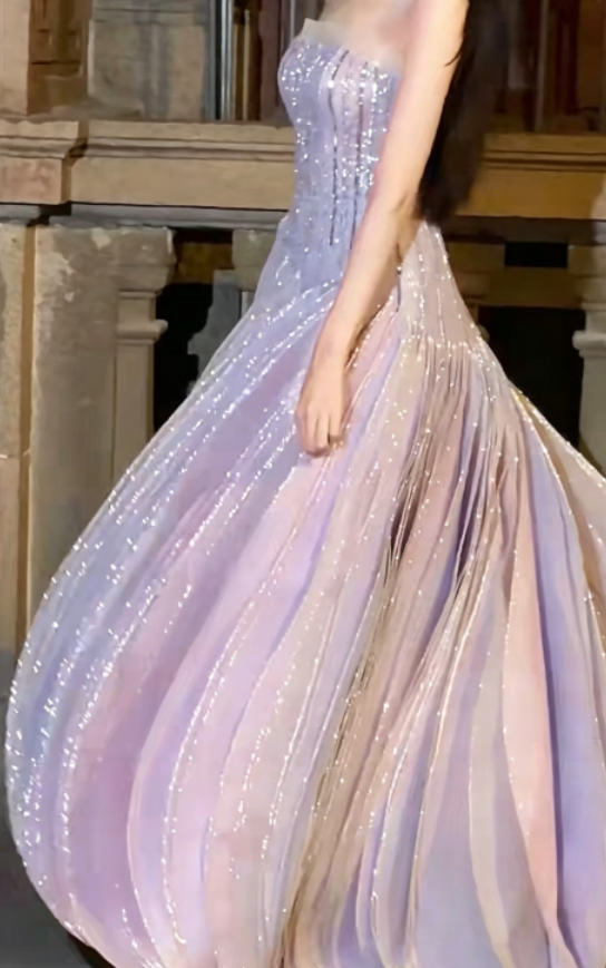 Elegant Strapless Light Purple Prom Dress Beading A-Line Evening Dress GG6233