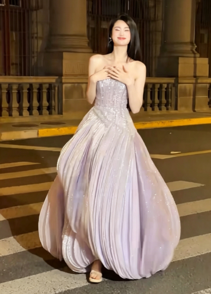Elegant Strapless Light Purple Prom Dress Beading A-Line Evening Dress GG6233