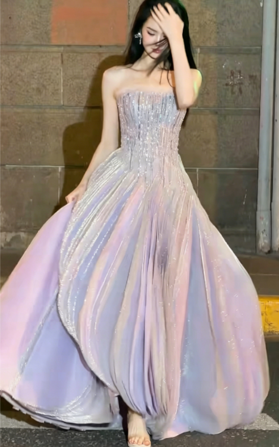 Elegant Strapless Light Purple Prom Dress Beading A-Line Evening Dress GG6233