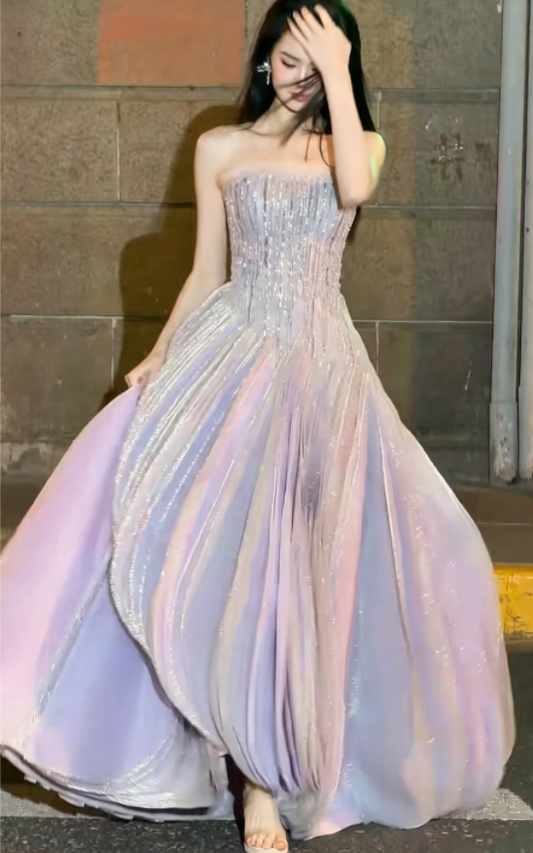 Elegant Strapless Light Purple Prom Dress Beading A-Line Evening Dress GG6233