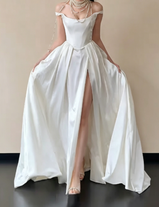 Chic Off-Shoulder White Wedding Dress High Slit Satin A-Line Bridal Dress GG6234