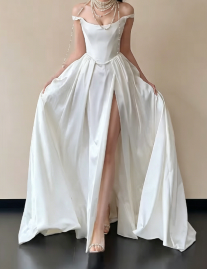 Chic Off-Shoulder White Wedding Dress High Slit Satin A-Line Bridal Dress GG6234