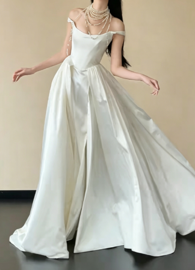 Chic Off-Shoulder White Wedding Dress High Slit Satin A-Line Bridal Dress GG6234