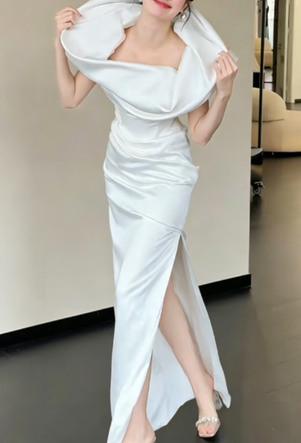 Simple Off-Shoulder White Wedding Dress Slit Satin Sheath Bridal Dress GG6235