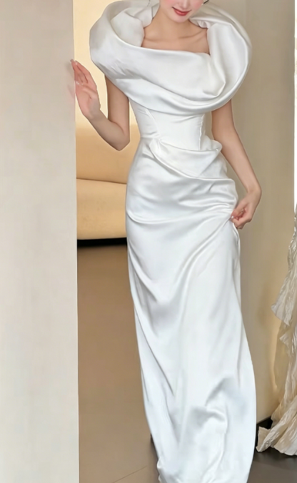 Simple Off-Shoulder White Wedding Dress Slit Satin Sheath Bridal Dress GG6235