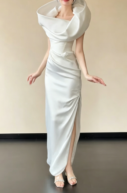 Simple Off-Shoulder White Wedding Dress Slit Satin Sheath Bridal Dress GG6235