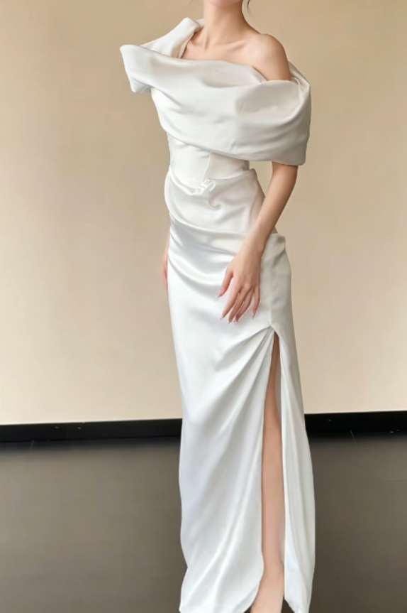 Simple Off-Shoulder White Wedding Dress Slit Satin Sheath Bridal Dress GG6235