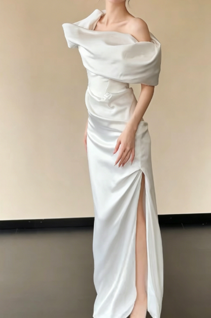 Simple Off-Shoulder White Wedding Dress Slit Satin Sheath Bridal Dress GG6235