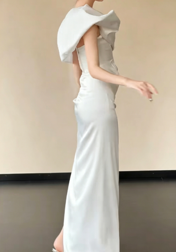 Simple Off-Shoulder White Wedding Dress Slit Satin Sheath Bridal Dress GG6235
