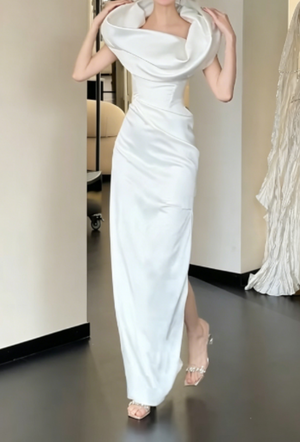 Simple Off-Shoulder White Wedding Dress Slit Satin Sheath Bridal Dress GG6235