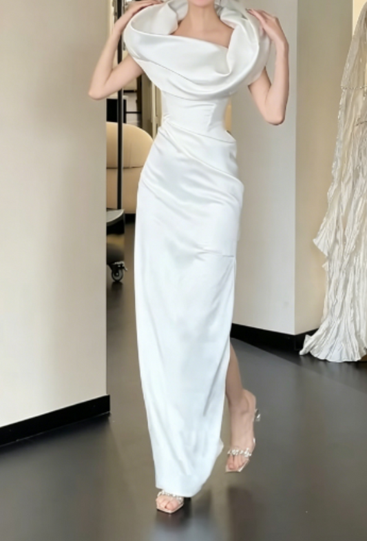 Simple Off-Shoulder White Wedding Dress Slit Satin Sheath Bridal Dress GG6235
